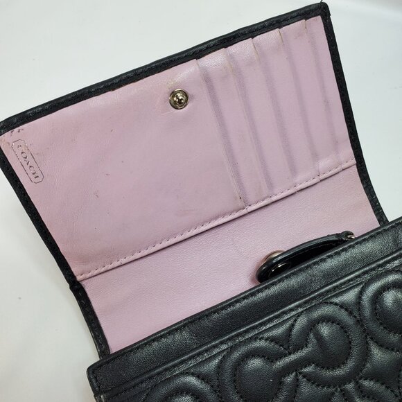 Coach Monogram Embossed Black Wallet Pink Interior Logo Tri Fold - Picture 4 of 5